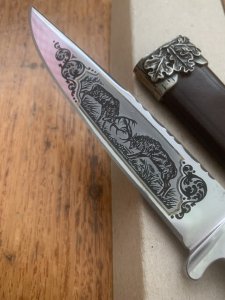 German Knife: 1970'-80's  Integral Jagdnicker Knife with Carved Stag Handle & Sheath