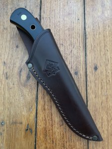 Puma Knife: Puma Original 1985 4 Star Fixed Blade Knife with Black Micarta Handle in Dark Brown Puma Sheath