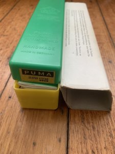 Puma Knife: Puma Original 1977 Full Size 4 Star 725 Folding Lock Blade Knife with Ebony Micarta Handle in Original Box #29771