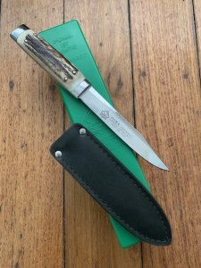 Puma Knife: Puma 1978 Vintage 'MOUNTAIN LION' 3573 Boot Knife with Stag Handle Sheath & Yellow/Green Box