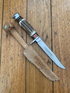 Solingen Germany EUROCUT Original 6" Blade Bowie Knife with Deer Antler Handle & Leather Sheath