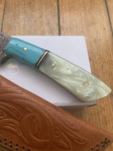 Damascus Turquoise and Pearl Corelon Hunting Knife with Sheath