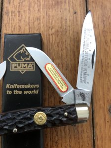 Puma Knife: Puma rare vintage 1974  'STOCK' 3 blade Fold back Knife with Dark Brown Jigged Bone Handle
