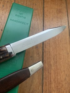 Puma Knife: Puma 1972 Vintage 3573 Boot Knife with Stag Handle Sheath in Puma Green/Yellow Box