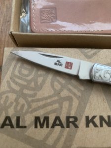 Al Mar Japan E1001P Osprey White Pearl Engraved Pocket Knife in original Pouch and Box