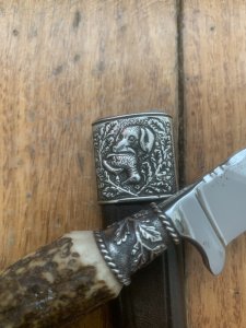 German Knife: 1980's Jagdnicker Hunting & Fishing Scene Knife with Stag Handle & Sheath