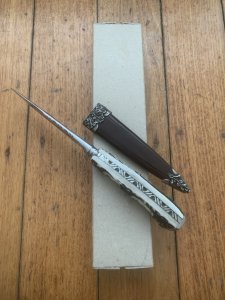 German Knife: 1970'-80's  Integral Jagdnicker Knife with Carved Stag Handle & Sheath