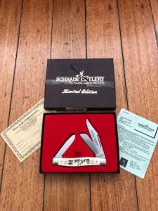 Schrade Vintage Limited Edition SC500 USA-Made Scrimshaw Large Moose Folding Knife, Box and Leather Pouch