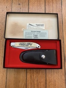 Schrade Vintage Limited Edition SC500 USA-Made Scrimshaw Large Moose Folding Knife, Box and Leather Pouch