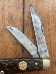 Puma Knife: Puma 1971 Rare 'USER'  'STOCK' 3 blade Fold back Knife with Red Bone Handle