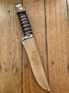 Solingen Germany EUROCUT Original 6" Blade Bowie Knife with Wood Stacked Handle & Leather Sheath