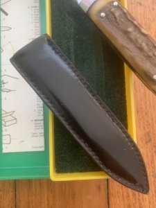 Puma Knife: Puma 1981 Vintage 3573 Boot Knife with Stag Handle Sheath in Puma Green/Yellow Box