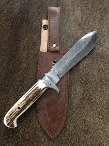 Damascus Knife: Damascus "White Hunter" Knife with Sambar Deer Antler Handle Mid Brown Sheath No2