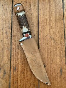 Solingen Germany EUROCUT Original 5 1/4" Blade Original Buffalo Skinner with Deer Antler Handle Knife with Leather Sheath