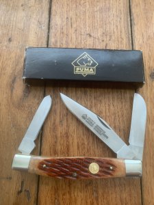 Puma Knife: Puma Stockman Folding Knife with Jigged Red/Brown Bone Handle