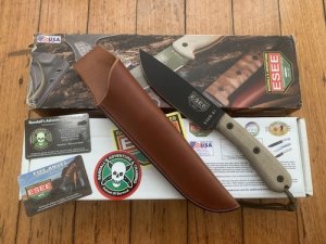ESEE Knives- ESEE-6HM Knife with Ivory-Beige Micarta Handle & Black Plain Edge Blade & Leather Sheath