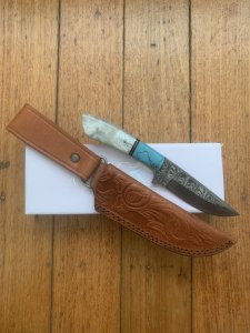 Damascus Turquoise and Pearl Corelon Hunting Knife with Sheath
