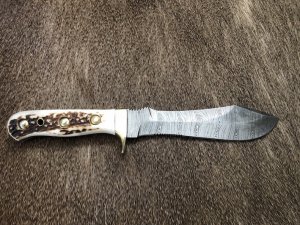 SOS Damascus *PUMA White Hunter* Knife with Sambar Deer Antler Handle & Leather Sheath