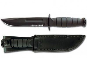 Ka-Bar Knife: Kabar Short Partially-Serrated Black Utility Knife in Leather Sheath