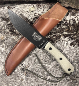ESEE Knives- ESEE-6HM Knife with Ivory-Beige Micarta Handle & Black Plain Edge Blade & Leather Sheath