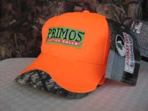 Baseball Cap: "PRIMOS Hunting Calls" Logo Blaze Orange with Camo Brim