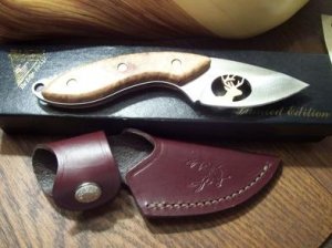 Buck Knife: Buck Mini Alpha Hunter Custom Knife with 24k Gold Plated Inlay Deer Head Cut-out & Burl Wood Handle No. 922