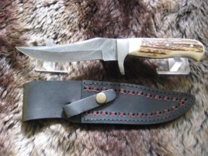 Damascus Knife: Damascus Skinner with Upswept Blade and Sambar Deer Antler Handle & Sheath