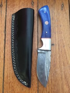 SOSDF Knife: 200 Layer Damascus Blue Camel Bone Skinning Knife