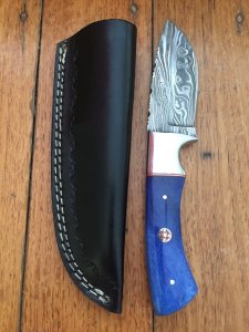 SOSDF Knife: 200 Layer Damascus Blue Camel Bone Skinning Knife