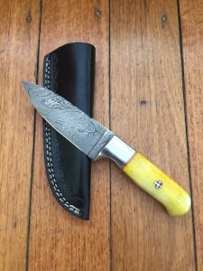 SOSDF Knife: 200 Layer Damascus Yellow Camel Bone Skinning Knife