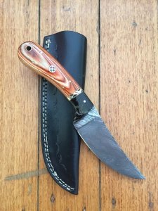 SOSDF Knife: 200 Layer Damascus Laminated wood and Buffalo Handled Upswept Skinning Knife