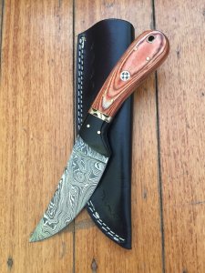 SOSDF Knife: 200 Layer Damascus Laminated wood and Buffalo Handled Upswept Skinning Knife