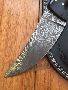 SOSDF Knife: 200 Layer Damascus Laminated wood and Buffalo Handled Upswept Skinning Knife