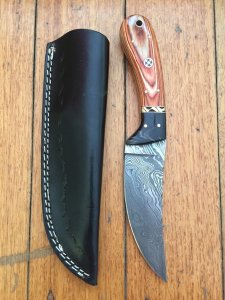 SOSDF Knife: 200 Layer Damascus Laminated wood and Buffalo Handled Upswept Skinning Knife