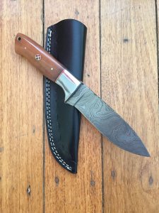 SOSDF Knife: 200 Layer Damascus Salmon Coloured Camel Bone Handled Upswept Skinning Knife
