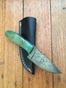SOSDF Knife: 200 Layer Damascus Green Dyed Camel Bone Handled Skinning Knife
