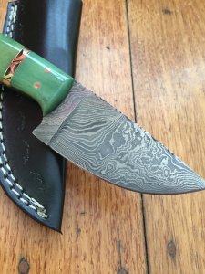 SOSDF Knife: 200 Layer Damascus Green Dyed Camel Bone Handled Skinning Knife