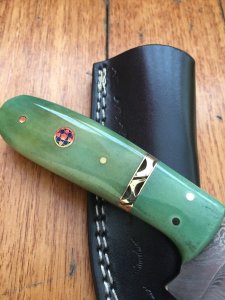 SOSDF Knife: 200 Layer Damascus Green Dyed Camel Bone Handled Skinning Knife
