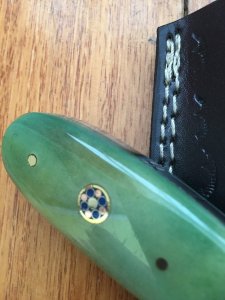 SOSDF Knife: 200 Layer Damascus Green Dyed Camel Bone Handled Skinning Knife