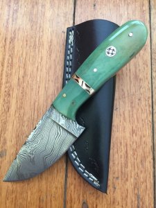 SOSDF Knife: 200 Layer Damascus Green Dyed Camel Bone Handled Skinning Knife