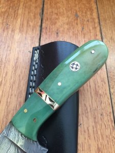 SOSDF Knife: 200 Layer Damascus Green Dyed Camel Bone Handled Skinning Knife