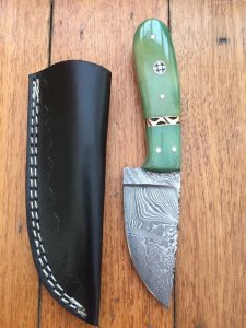 SOSDF Knife: 200 Layer Damascus Green Dyed Camel Bone Handled Skinning Knife