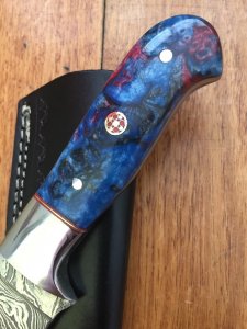 SOSDF Knife: 200 Layer Damascus Blue Patterned Corolon Handled Skinning Knife