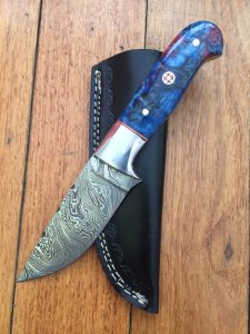 SOSDF Knife: 200 Layer Damascus Blue Patterned Corolon Handled Skinning Knife