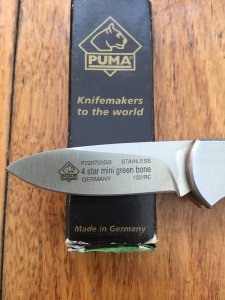 Puma Knife: Puma 4 Star Mini Folding Lock Knife with Green Jigged Bone Handle