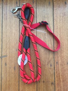 Dog Lead: Red/Black/Yellow-flecked Heavy Duty Dog Lead with chain and collar