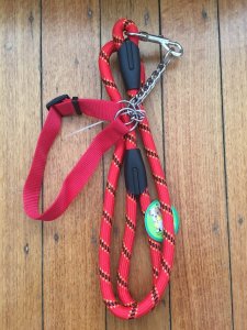 Dog Lead: Red/Black/Yellow-flecked Heavy Duty Dog Lead with chain and collar