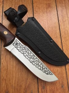 Kizlyar Knife: Kizlyar Mirror Finish Patterned Blade with Caucasian Walnut Handle