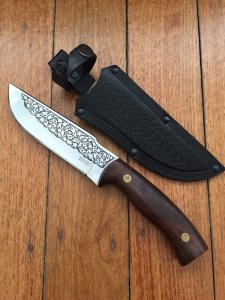 Kizlyar Knife: Kizlyar Mirror Finish Patterned Blade with Caucasian Walnut Handle