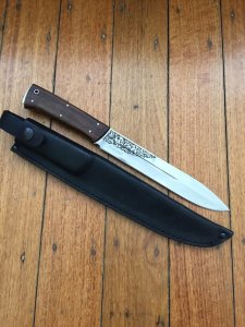 Kizlyar Knife: Kizlyar Mirror Finish ESEPCKUU Straight Laser Etched Blade with Caucasian Walnut Handle